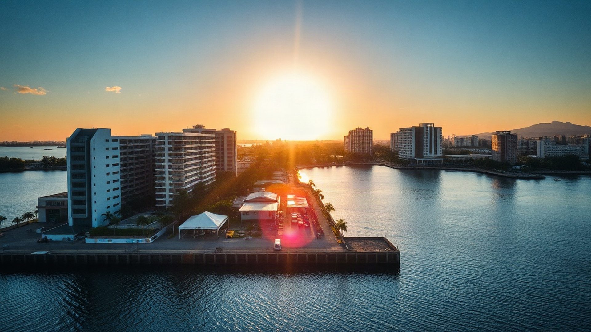 Aerial view of the Recife waterfront at golden hour